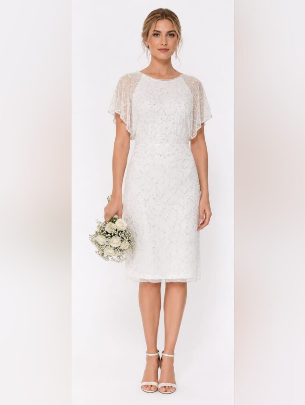 NWT Adrianna Papell White Sequin Flutter Sleeve Dress
